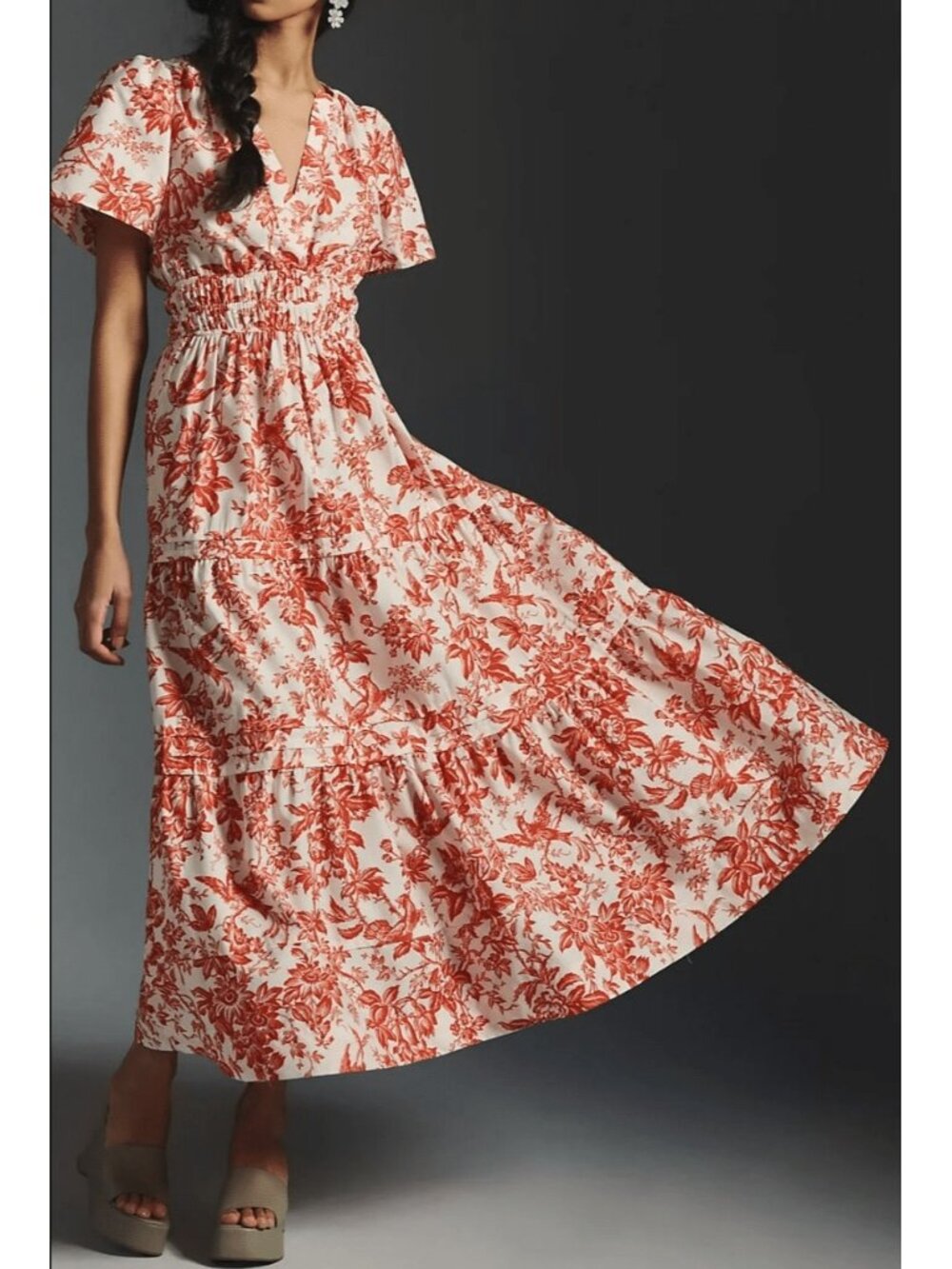 NWT Anthropologie Somerset Maxi in Coral Toile Floral Tiered Cotton Dress L - Picture 3 of 6